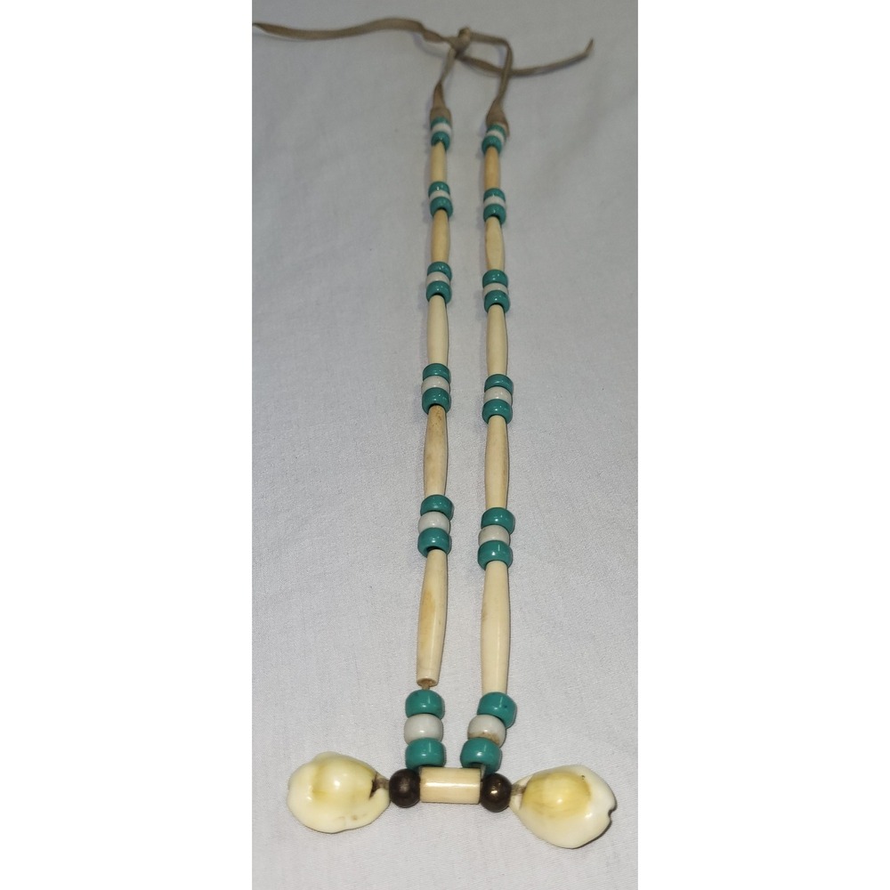 Native American Style Bone Hairpipe Necklace Cowrie Shells & Pendants Vintage